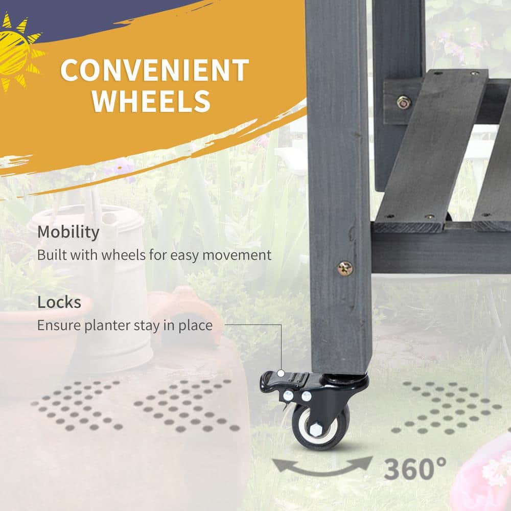 Gray Wooden Raised Garden Bed with Storage Shelf and Wheels