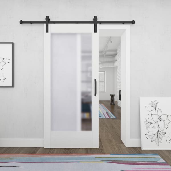 37 in. x 84 in. 1-Lite Full Frosted Glass White Vinyl Finish MDF Sliding Barn Door with Hardware Kit