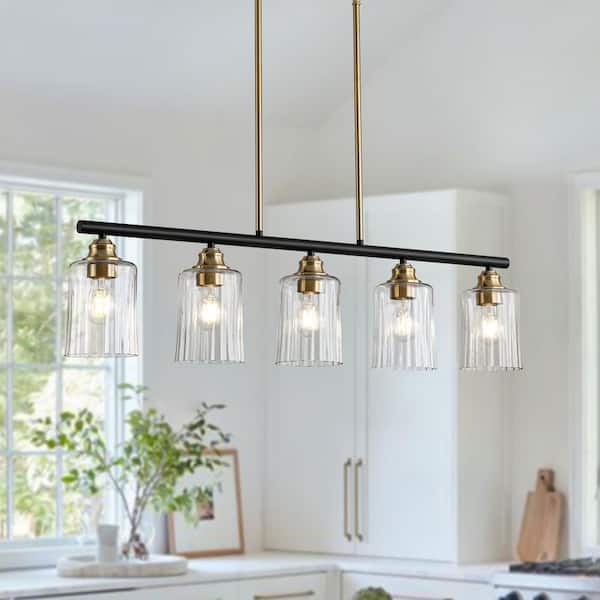 Sierra 5-Light 33.7 in. W Matte Black Chandelier Transitional Bell Pendant with Brass Accents and Pressure Ribbed Glass