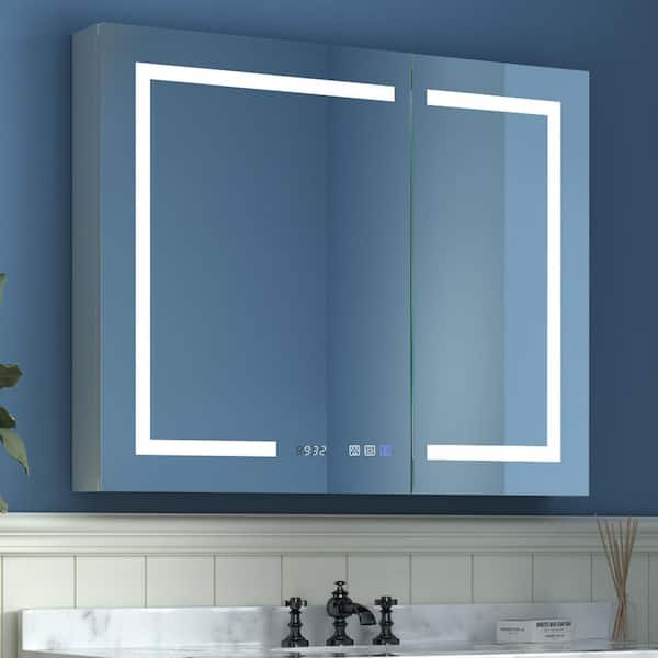 36 in. W x 30 in. H Medium Rectangular Silver Aluminum Recessed/Surface Mount Medicine Cabinet with Mirror and LED