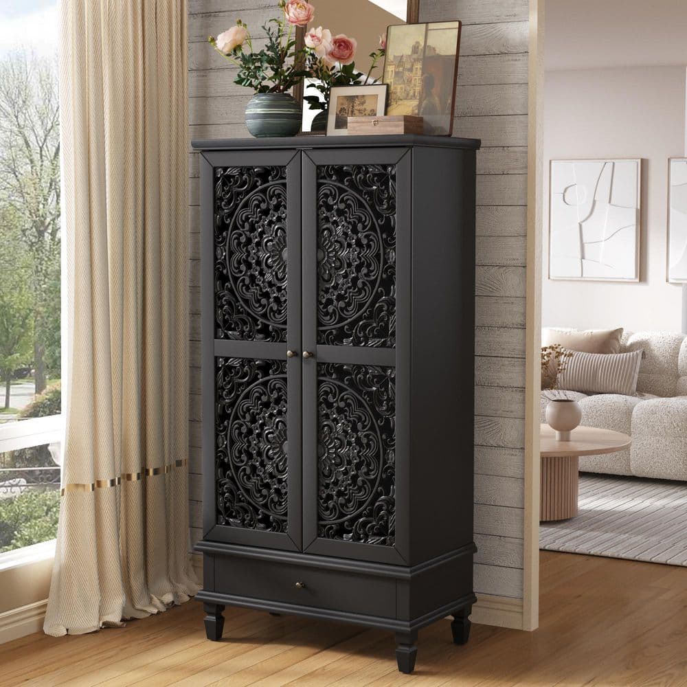 27.56 in. W x 15.75 in. D x 55.51 in. H Black Linen Cabinet with Drawer and 2-Door price history on PriceWatchPro