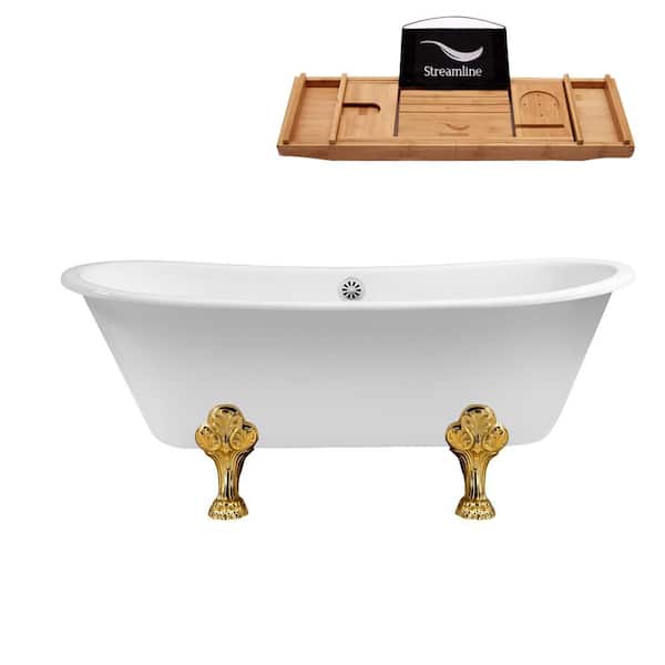 Streamline 67 in. Cast Iron Clawfoot Non-Whirlpool Bathtub in Glossy White with Glossy White Drain and Polished Gold Clawfeet