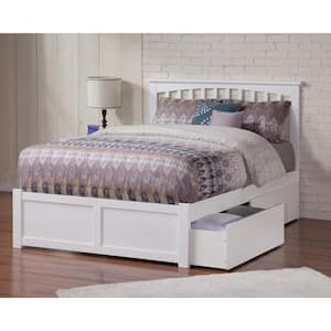 Mission White Full Solid Wood Storage Platform Bed with Flat Panel Foot Board and 2 Bed Drawers