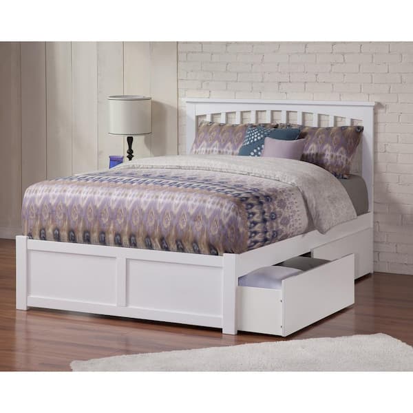 AFI Mission White Full Solid Wood Storage Platform Bed with Flat Panel Foot Board and 2 Bed Drawers