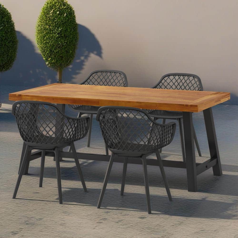Miranth 5pc Outdoor Patio Dining Set, Polypropylene Chairs, Acacia Wood plus Iron Table, Black plus Brown
