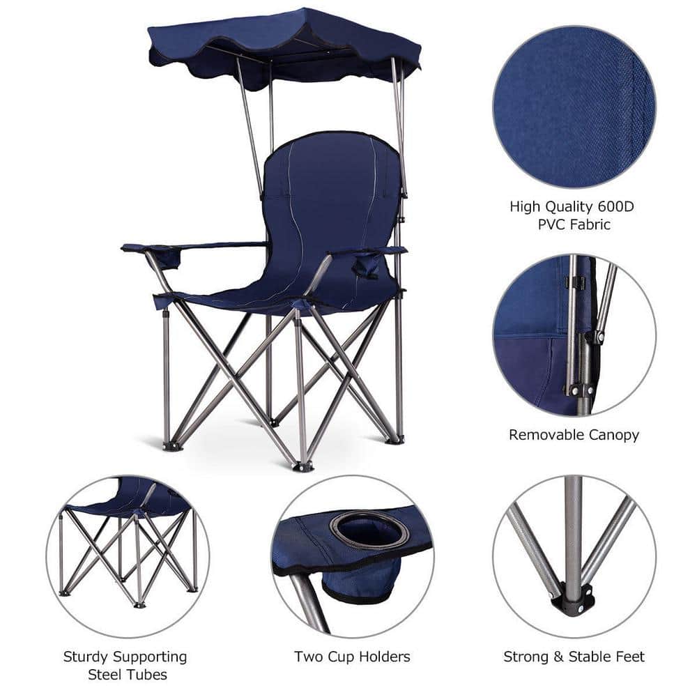 Blue Portable Folding Camping Chair with Canopy and Cup Holders