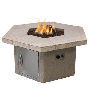 Stucco and Tile Dining Height Square Gas Fire Pit with Log Set and Lava Rocks
