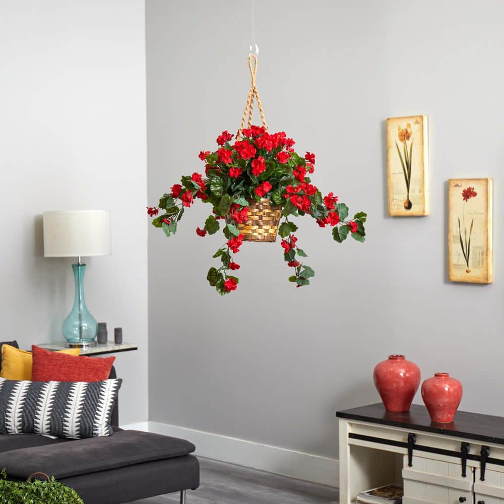 Red Geranium Hanging Basket with Greenery for Outdoor Decor