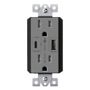 15 Amp Duplex Receptacle, 60-Watt Power Delivery USB Outlet Type A/C, 3 Ports, Gray