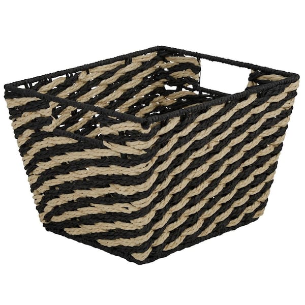 Large Striped Woven Basket Shelf Bin in Black
