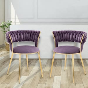 Modern Purple Velvet Dining Chairs Weaved Backrest Leisure Chair Golden Metal Legs for Kitchen Living Room (Set of 2)