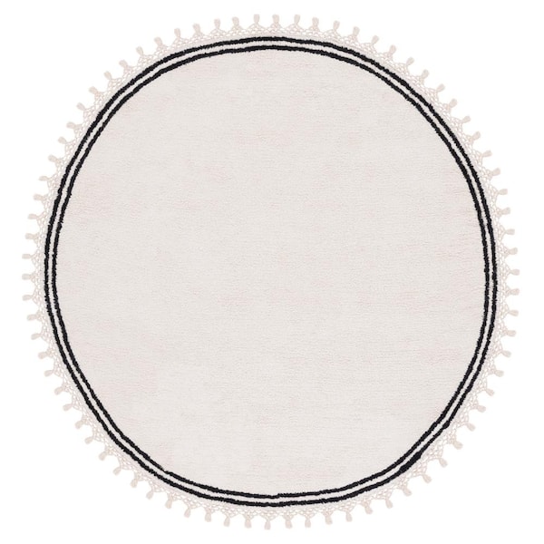 Easy Care 8 ft. x 8 ft. Ivory Machine Washable Solid Striped Border Round Area Rug