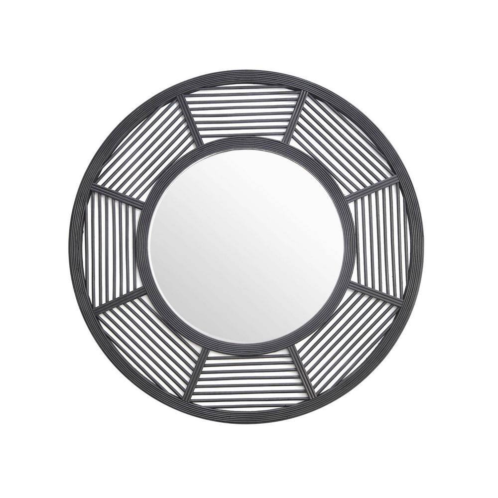 Geometric 31.75 in. H x 31.75 in. W Round Bamboo Black Framed Wall Mirror
