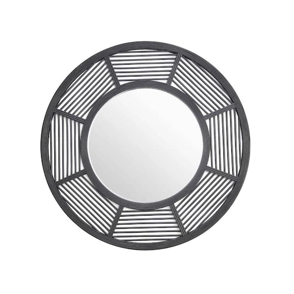 Unbranded Geometric 31.75 in. H x 31.75 in. W Round Bamboo Black Framed Wall Mirror