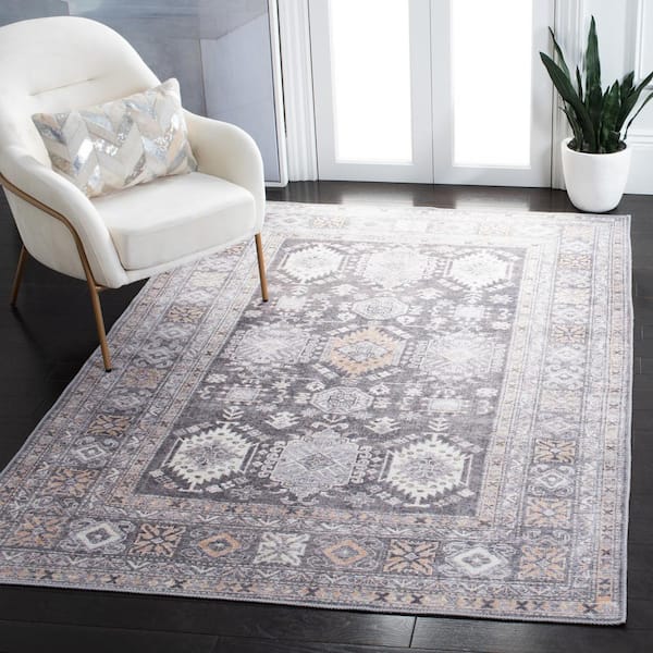 Serapi Gray/Beige 7 ft. x 7 ft. Machine Washable Floral Medallion Square Area Rug