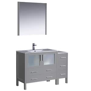 Torino 48 in. Bath Vanity in Gray with Ceramic Vanity Top in White with White Basin with Side Cabinet and Mirror