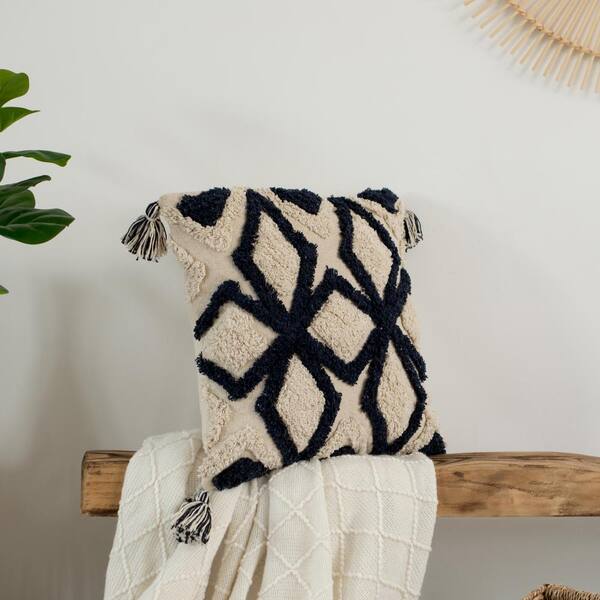 Deerlux 16 Handwoven Cotton Throw Pillow Cover with White Tufted Line Pattern and Tassel Corners with Filler, White