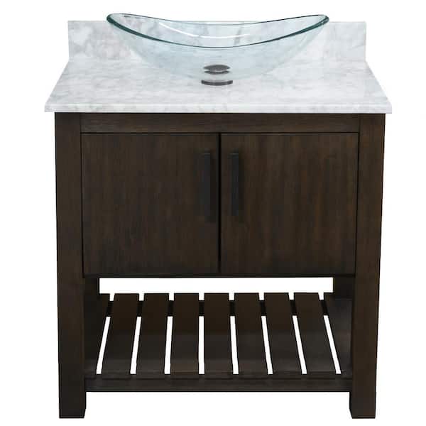 Novatto Ocean Breeze 31 in. W x 22 in. D x 31 in. H 1 Clear Sink with MB Drain Bath Vanity in Cafe with Carrara White Marble Top