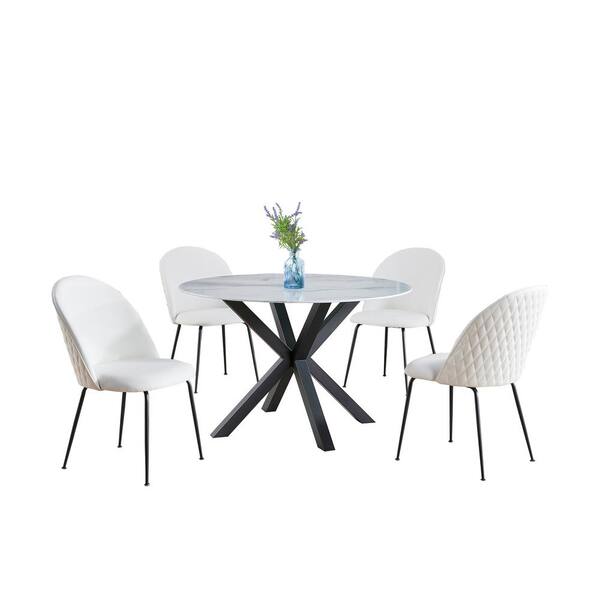 Best Quality Furniture Martina 5-Piece White Round Marble Wrap Glass Top Iron Metal Frame Dining Set with 4 White Faux Leather Chairs