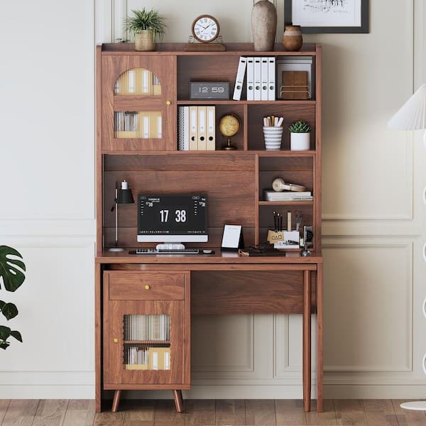 43 in. Walnut 1-Drawer Computer Desk with 90° Rotating Desktop