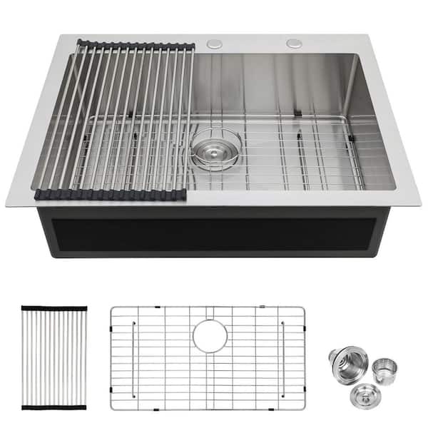 33 in. Drop-In/Undermount Single Bowl 16-Gauge Brushed Nickel Stainless Steel Kitchen Sink with Grid and Drain