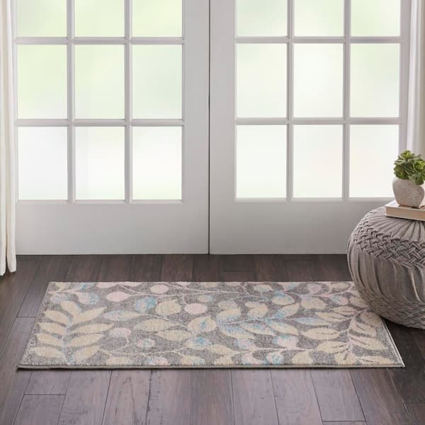 Tranquil Grey/Beige doormat 2 ft. x 4 ft. Floral Modern Kitchen Area Rug