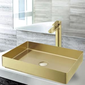 Gold Stainless Steel Rectangular Bathroom Vessel Sink with High Arc Faucet