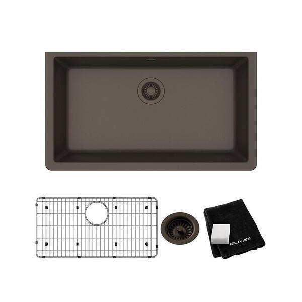 Elkay Quartz Classic Mocha Quartz 33 in. Single Bowl Undermount Kitchen Sink with Bottom Grid and Drain