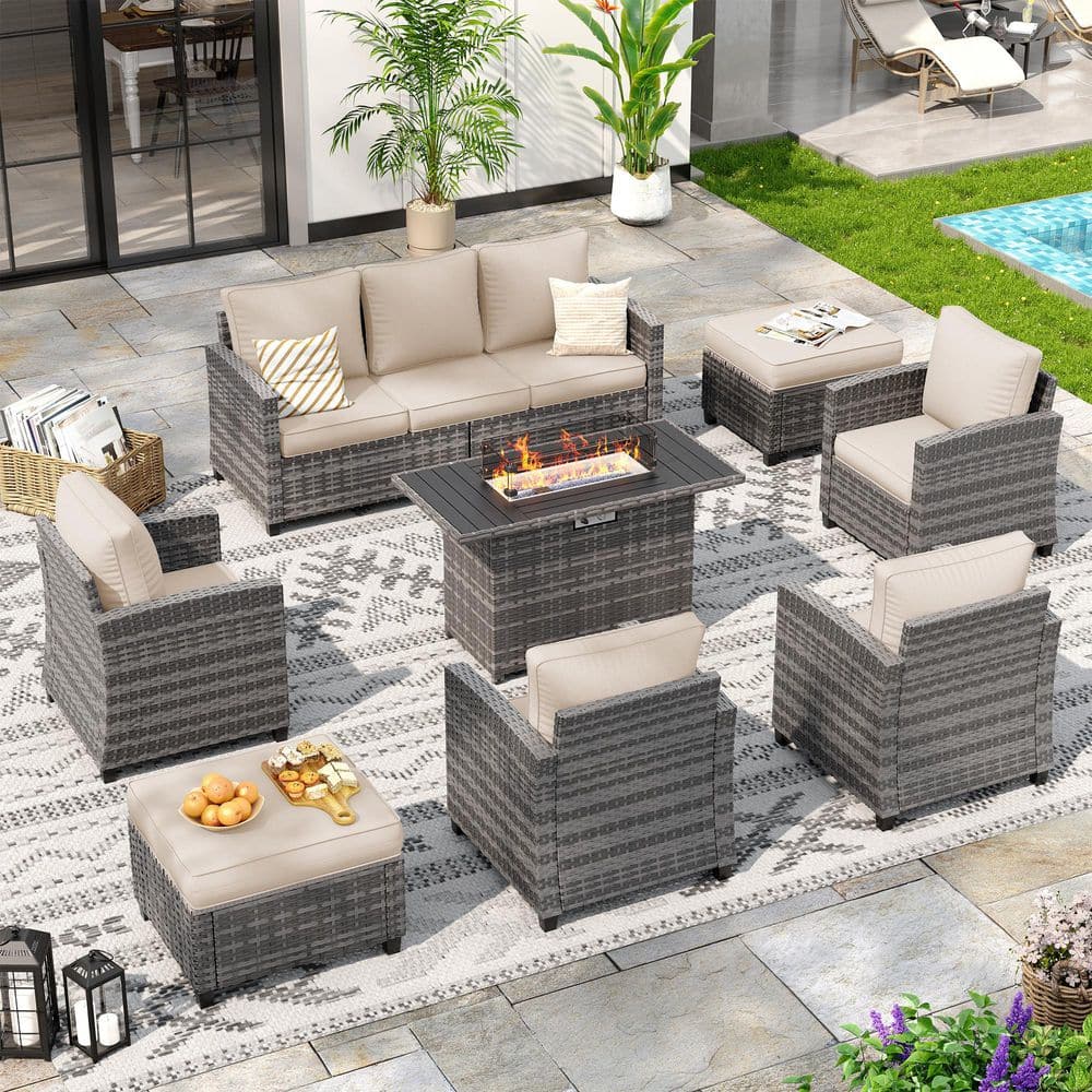 Gray Wicker 7-Person 8-Pieces Patio Conversation Set with Beige Cushions and Gray Fire Pit Table price history on PriceWatchPro