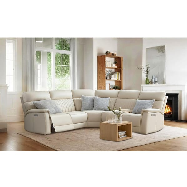 Ellesophas Cole 105 in. Genuine Leather 5-piece Power Recliner Sectional Sofa with Zero Gravity and USB Ports in Cream