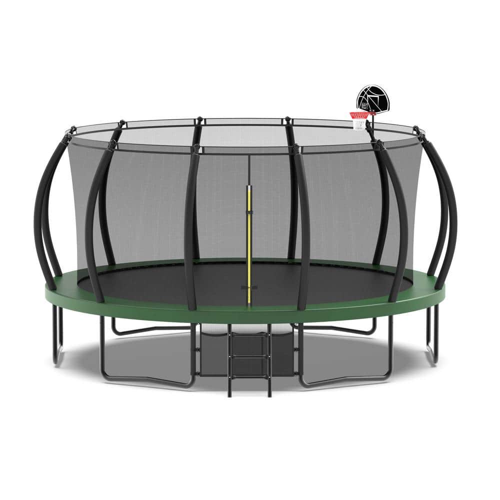 16 ft. Outdoor Round Green Trampoline Basketball Hoop, Ladder, Shoe Bag and