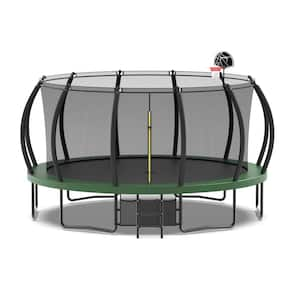 16 ft. Outdoor Round Green Trampoline Basketball Hoop, Ladder, Shoe Bag and Galvanized Anti-Rust Coating