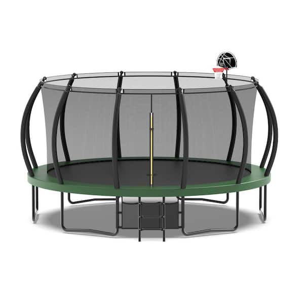 Unbranded 16 ft. Outdoor Round Green Trampoline Basketball Hoop, Ladder, Shoe Bag and Galvanized Anti-Rust Coating
