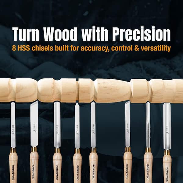 POWERTEC 8-Piece HSS Lathe Chisel Set, Wood Turning Tools with