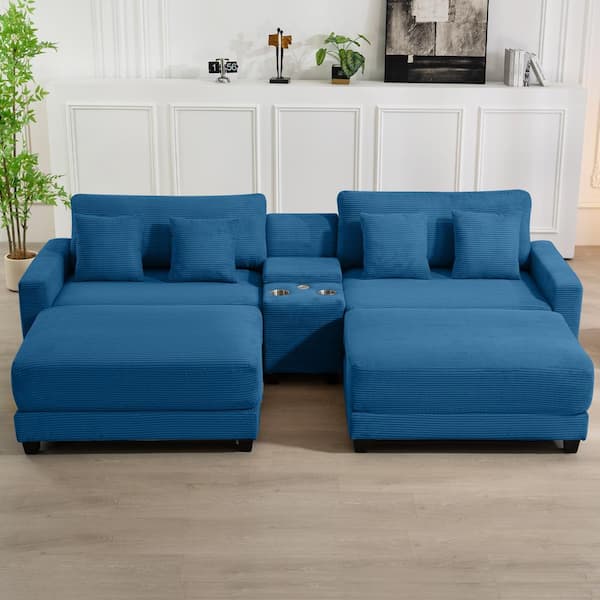 JEAREY Laibai 111.81 in. Square Arm Velvet Modular 4-Piece Modern Navy Sofa with Cup Holder and Ottoman