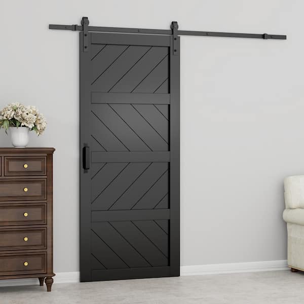 36 in. x 84 in. Black Finished 4-Lite Wave Pattern Style MDF Sliding Barn Door with Hardware Kit and Soft Close