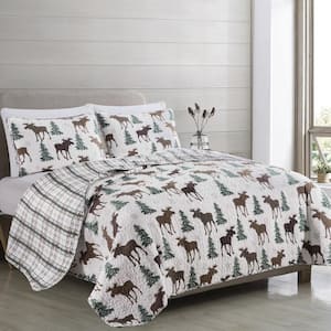 Brown Moose Print Premium Nature Inspired Full/Queen Microfiber Quilt Set Bedspread (3-Piece)