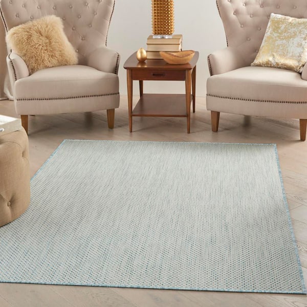 Courtyard Ivory Aqua 4 ft. x 6 ft. Geometric Contemporary Indoor/Outdoor Patio Area Rug