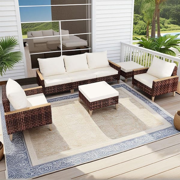 7-Piece Wicker Outdoor Conversation Patio Furniture Set with white Cushions