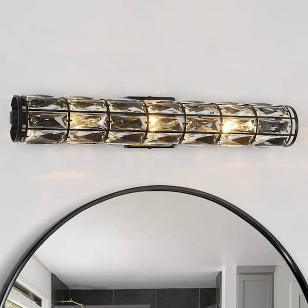 Modern 23.5 in. 3-Light Black Bathroom Vanity Light Bar with Glam Crystal Shade, Powder Room Wall Sconce, LED Compatible