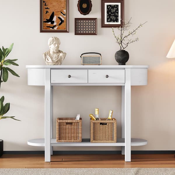 Elegant Retro 40 in. Antique White Oval Wood Console Table with Drawers and Open Shelf