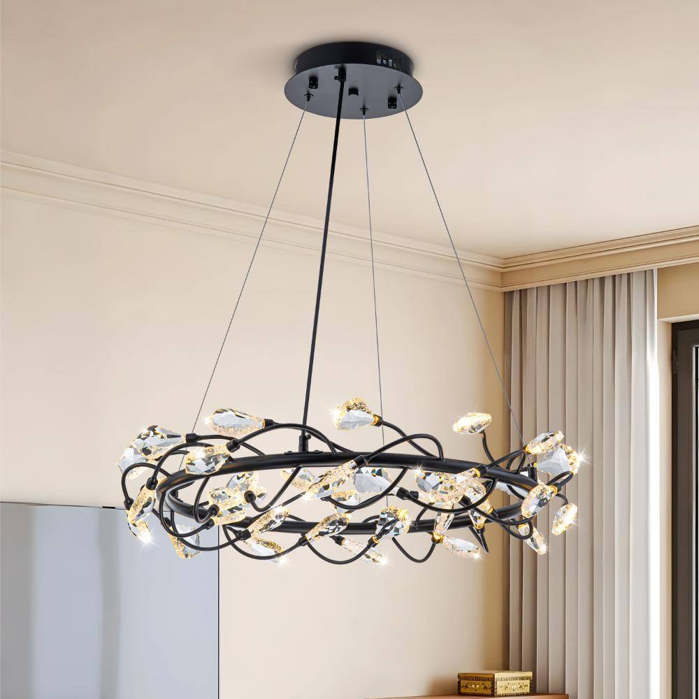 27.6 in. Modern Luxury 3000K LED Crystal Chandelier, Wagon Wheel Black Pendant Light for Living Room Dining Room Bedroom price history on PriceWatchPro