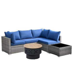 Sanibel Gray 6-Piece Wicker Outdoor Patio Conversation Sofa Set with a Wood-Burning Fire Pit and Navy Blue Cushions