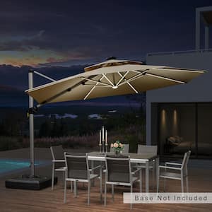 12 ft. Octagon Solar powered LED Patio Umbrella Outdoor Round Large Cantilever Umbrella Heavy Duty Sun Umbrella in Beige