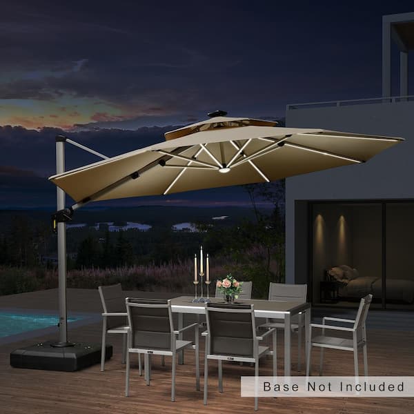 PURPLE LEAF 12 ft. Octagon Solar powered LED Patio Umbrella Outdoor Round Large Cantilever Umbrella Heavy Duty Sun Umbrella in Beige