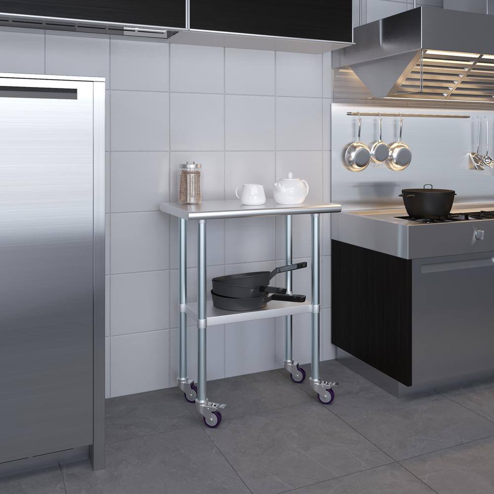 30" Silver Stainless Steel Mobile Prep Table with Open Base