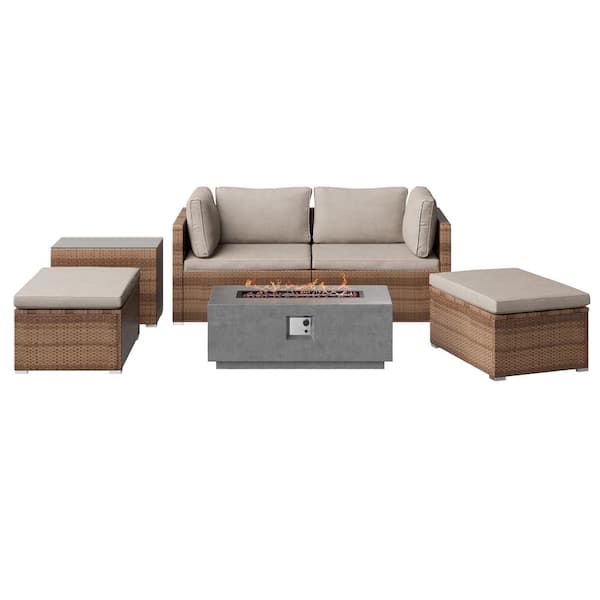 Mondawe 6-piece PE Rattan Wicker Outdoor Patio Dining Conversation Set Sectional Sofa Set with Fire Pit Gray Cushion