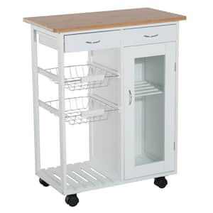 White Bamboo Wheeled Kitchen Cart with Storage Cabinet and Wire Basket