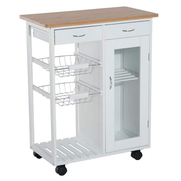 HOMCOM White Bamboo Wheeled Kitchen Cart with Storage Cabinet and Wire Basket
