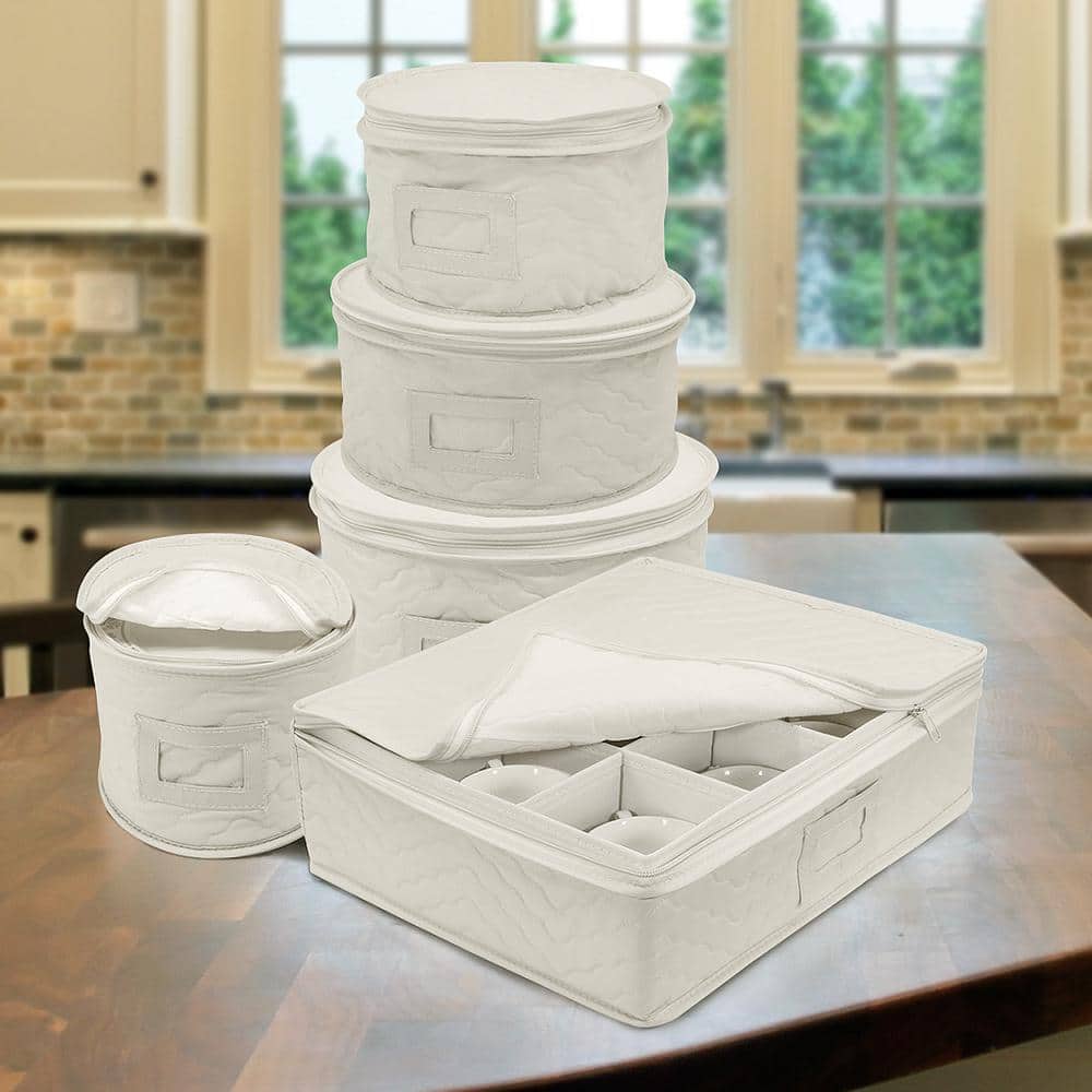 Sorbus White Quilted 5-Piece Dinnerware Storage Set with Felt Protectors